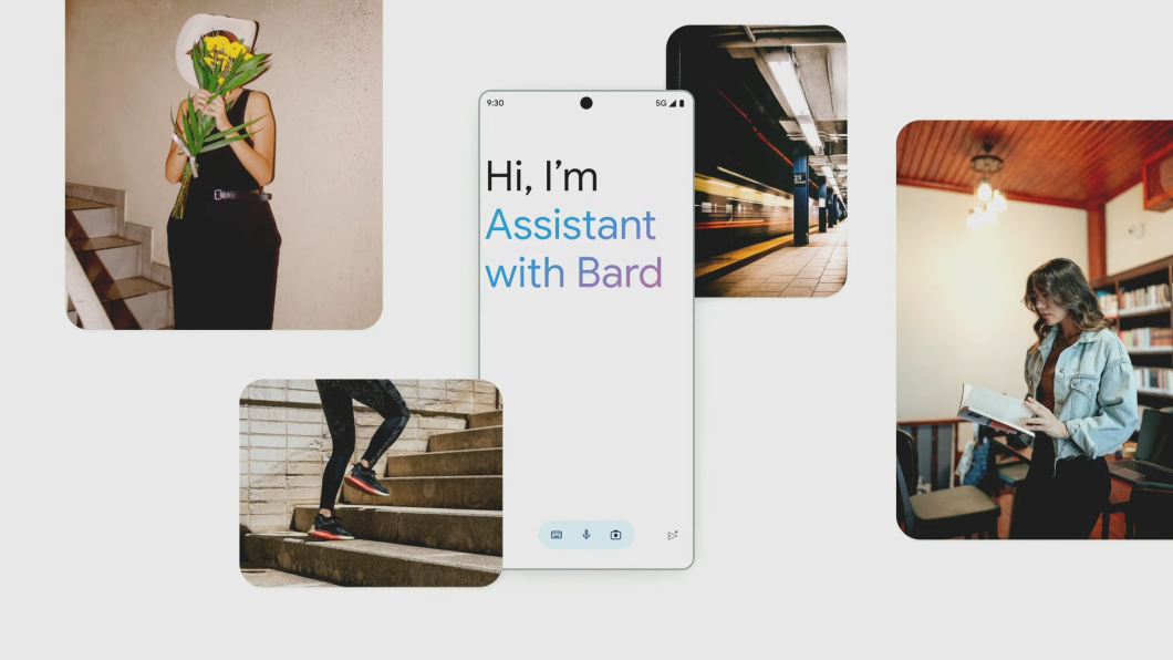 Imagem ilustrativa com tela de celular mostrando o Google Assistente com Bard