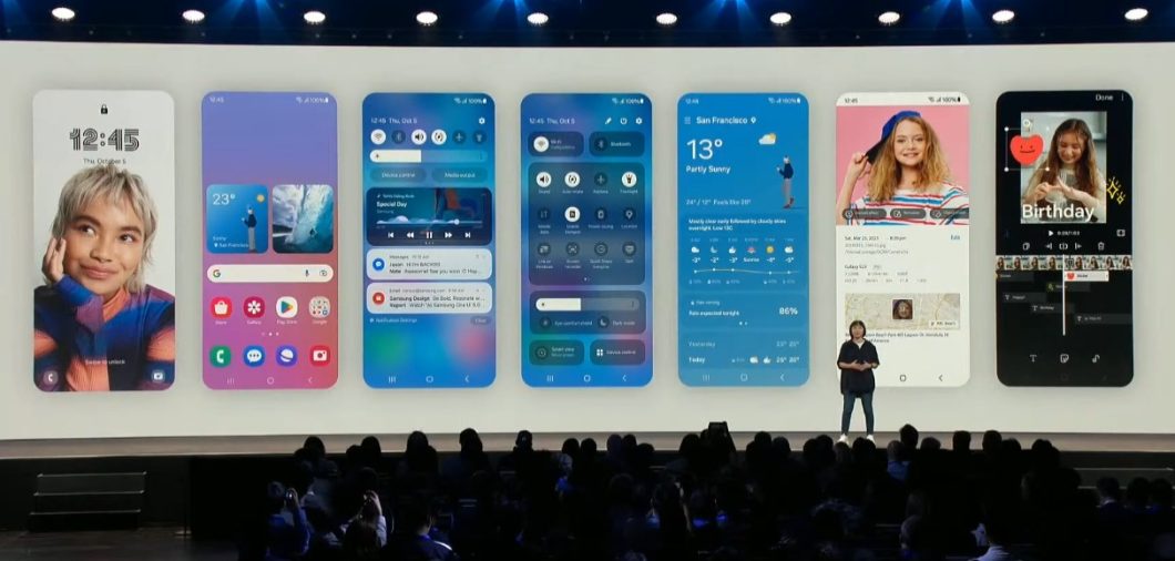 One UI 6 terá novo painel de atalhos rápidos (centro) que deixará atalhos práticos — como deve ser (Imagem: Reprodução/Samsung)