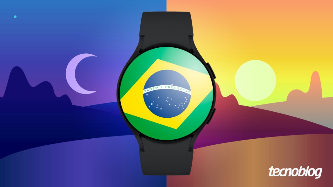 Ilustração mostra relógio inteligente com a bandeira do Brasil. Nas laterais estão cenas da manhã e da noite.