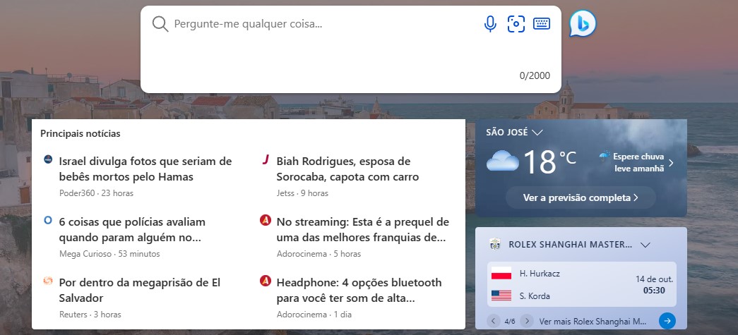 Tela inicial do Bing traz widgets e principais notícia no topo da rolagem (Imagem: Reprodução/Bing)