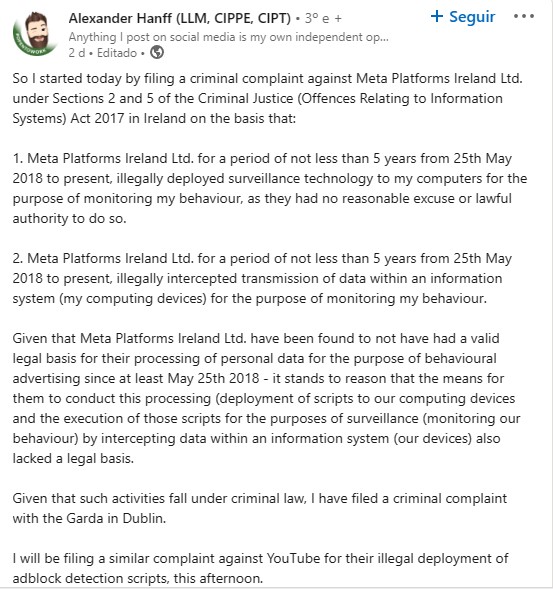 Autor de denúncias contra Meta e YouTube explica suas acusações no LinkedIn (Imagem: Reprodução/LinkedIn)