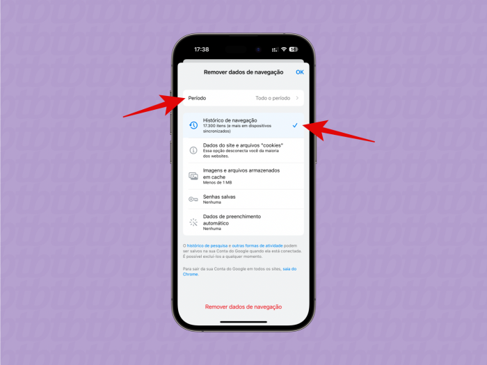 captura de tela do processo de limpar o histórico do Google Chrome no iPhone