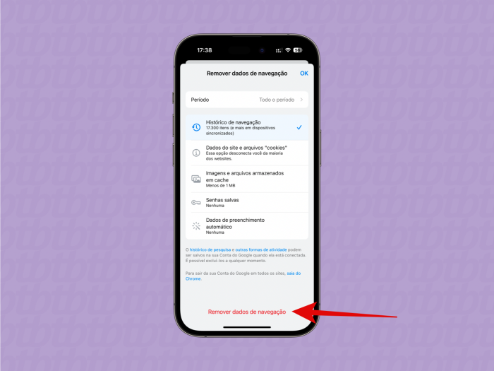 captura de tela do processo de limpar o histórico do Google Chrome no iPhone