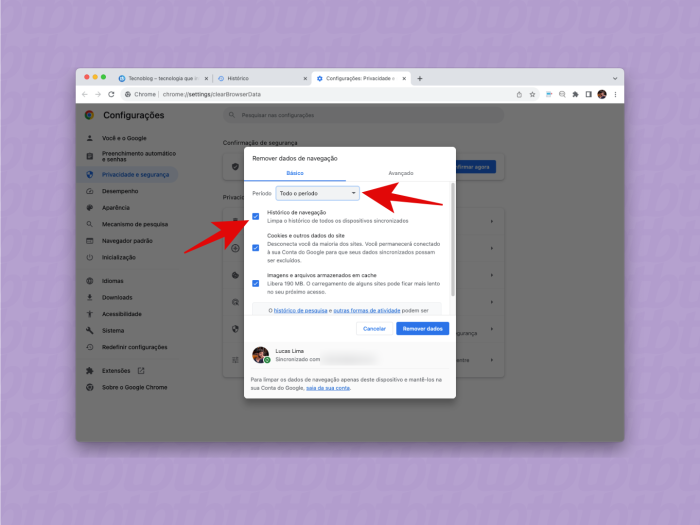 captura de tela do processo de limpar o histórico do Google Chrome no computador