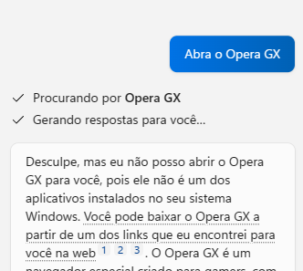 Copilot abre programas no Windows... Menos alguns, como o Opera GX (Imagem: Reprodução/Tecnoblog)