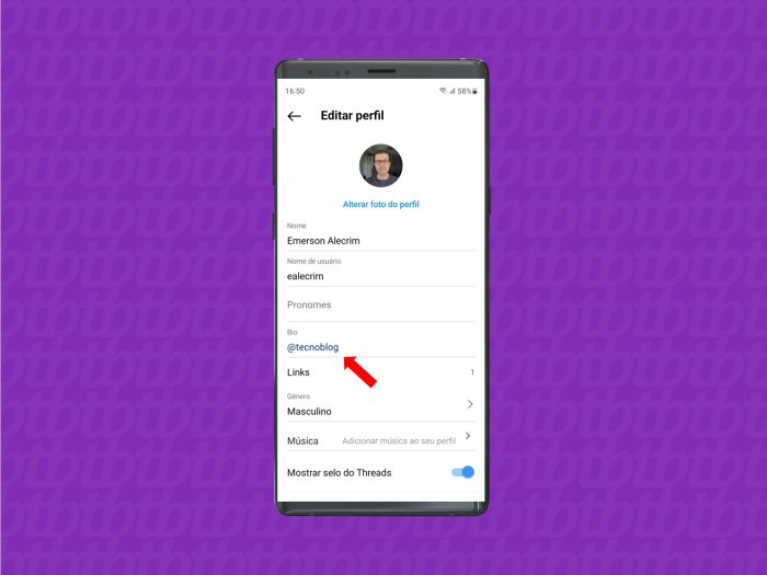 Marcando outro perfil na bio do Instagram (imagem: Emerson Alecrim/Tecnoblog)