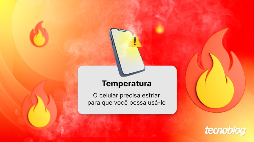 Ilustração com aviso de "Temperatura" e "O celular precisa esfriar para que você possa usá-lo"