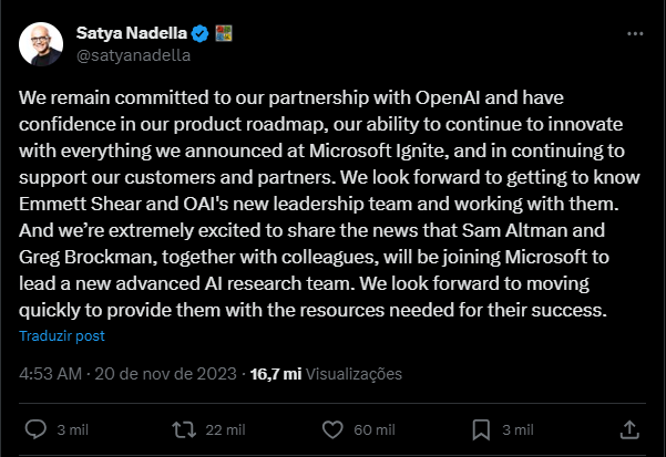 Mensagem de Satya Nadella, CEO da Microsoft, no X confirma a contratação de Sam Altman e Greg Brockman e reforça parceria com a OpenAI