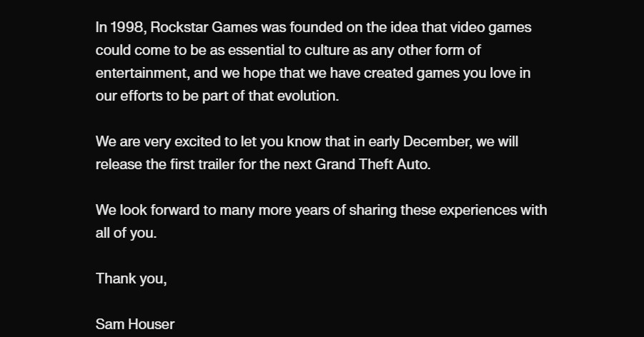 Trailer de GTA VI será lançado em dezembro, confirma Rockstar