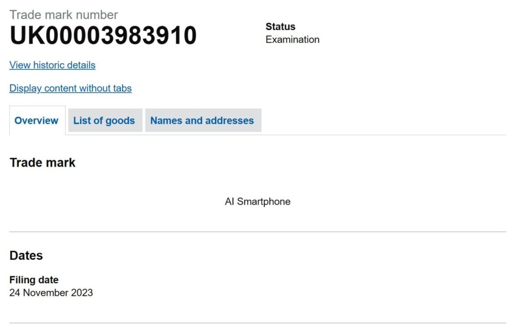 Pedido de registro de marcas da Samsung para o termo "AI Smartphone" no Reino Unido