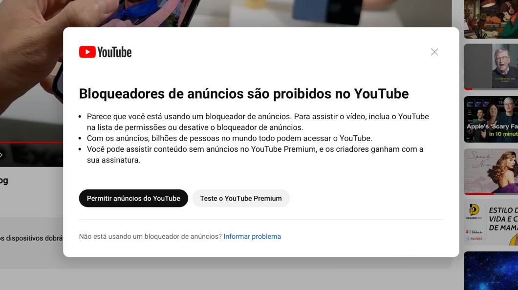 Print de mensagem que diz que “bloqueados de anúncios são proibidos no YouTube”