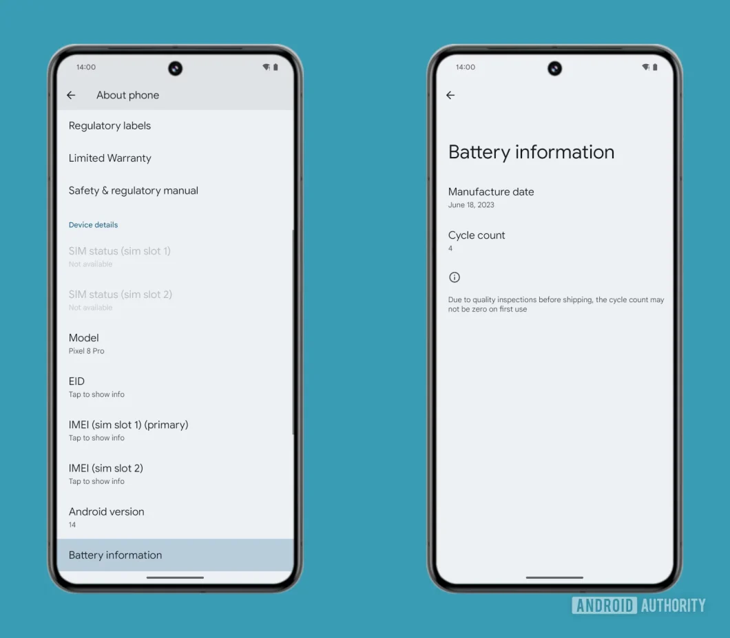 Telas do Google Pixel mostrando informações da bateria