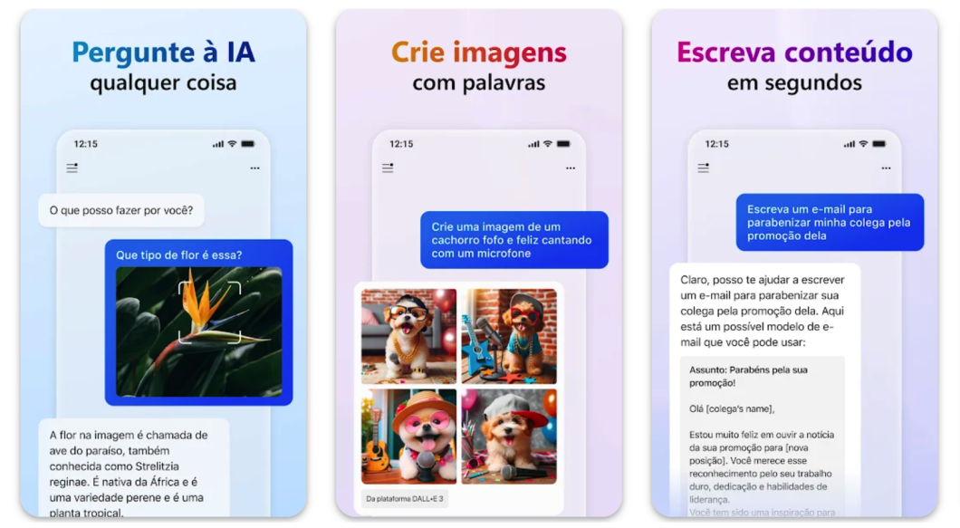 Três telas do Microsoft Copilot para Android respondendo a perguntas, criando imagens e gerando textos