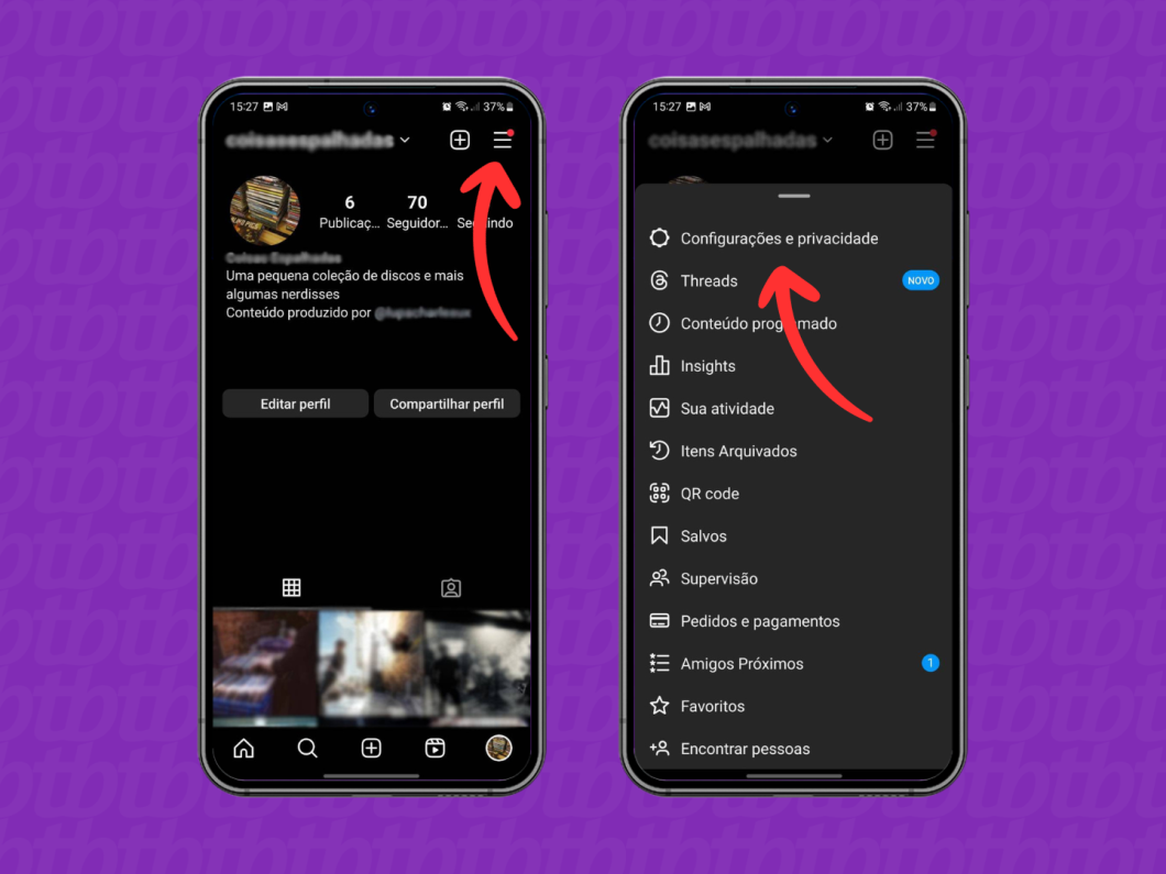 Captura de tela do aplicativo do Instagram mostra como acessar o menu da rede social e a área de Configuração e privacidade usando setas vermelhas