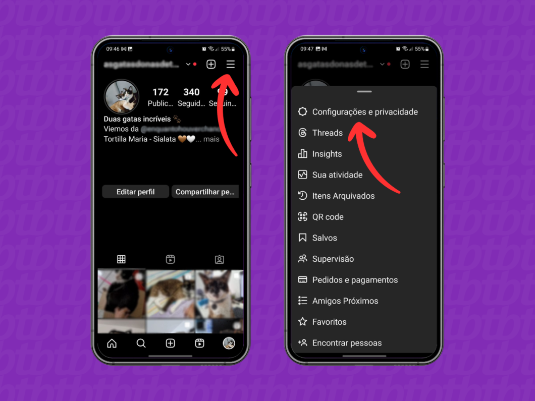 Captura de tela do aplicativo do Instagram mostra como acessar o menu da rede social e a área de Configuração e privacidade