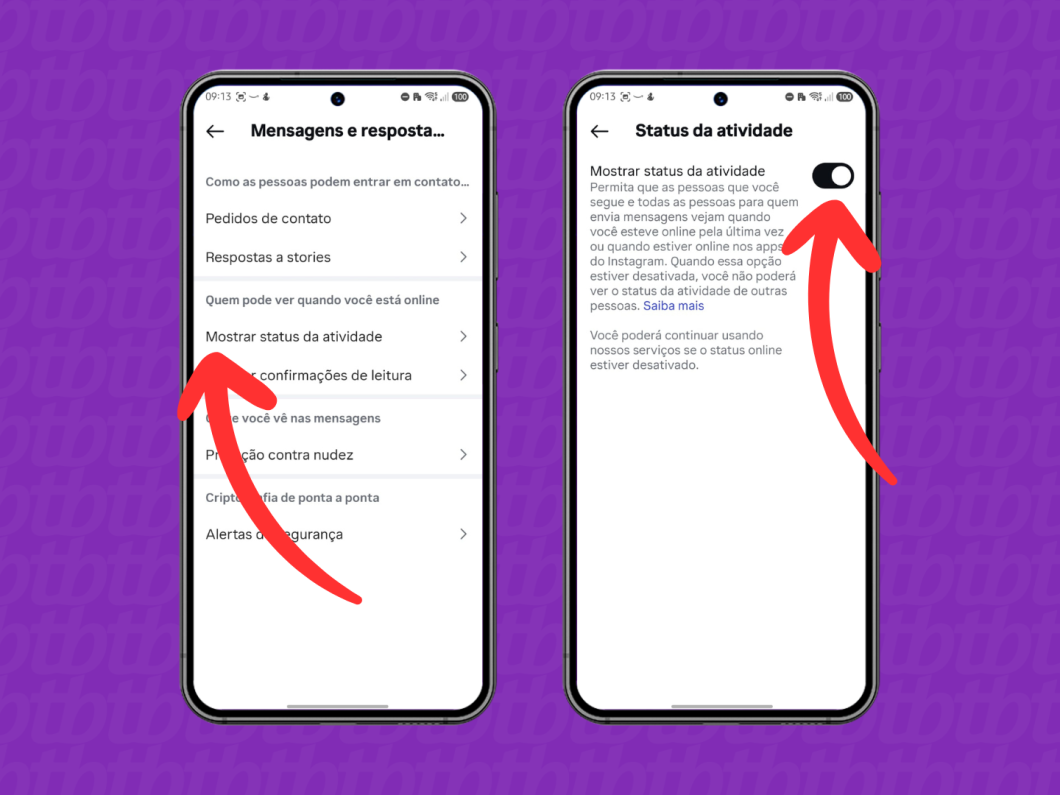 Menu do Instagram “Status da atividade” com a opção “Mostrar status da atividade” desativada, para remover o online