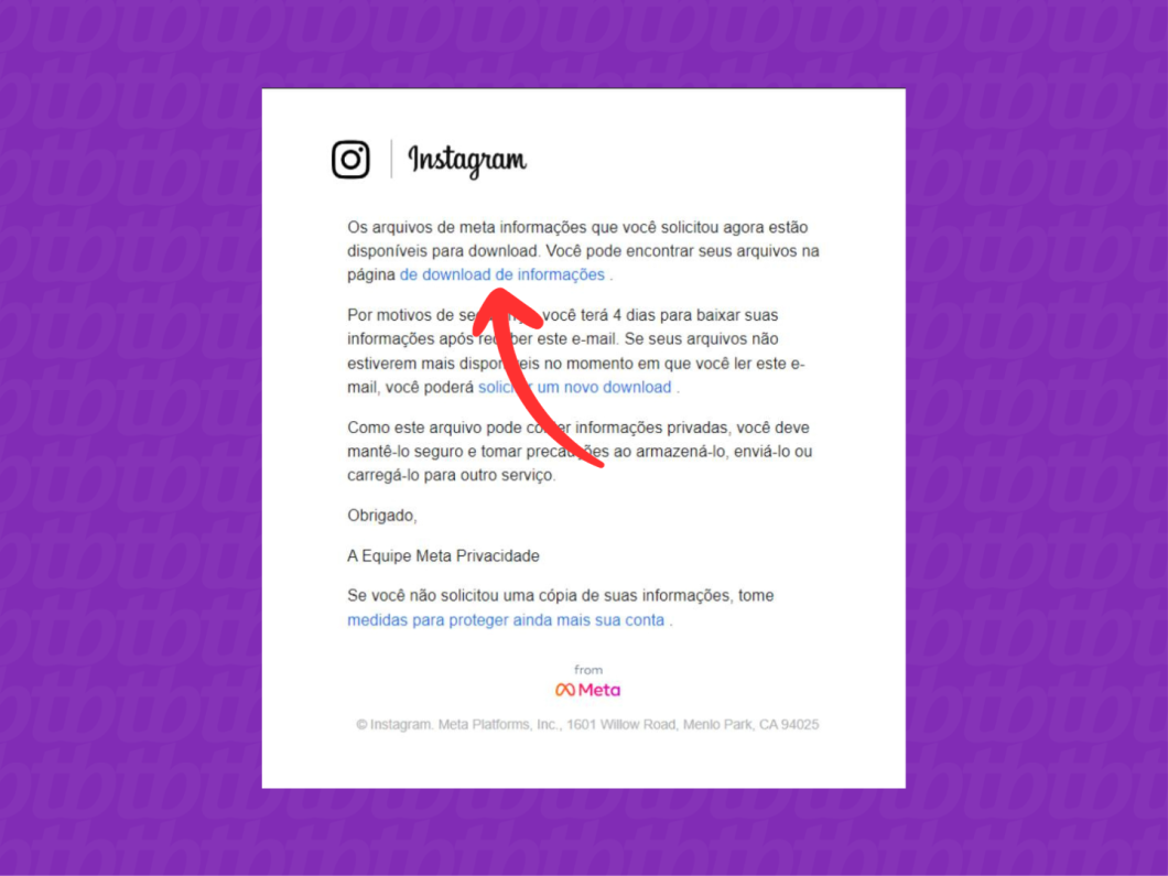 Print explicando como realizar o backup de uma conta do Instagram através da Central de Contas da Meta na versão web