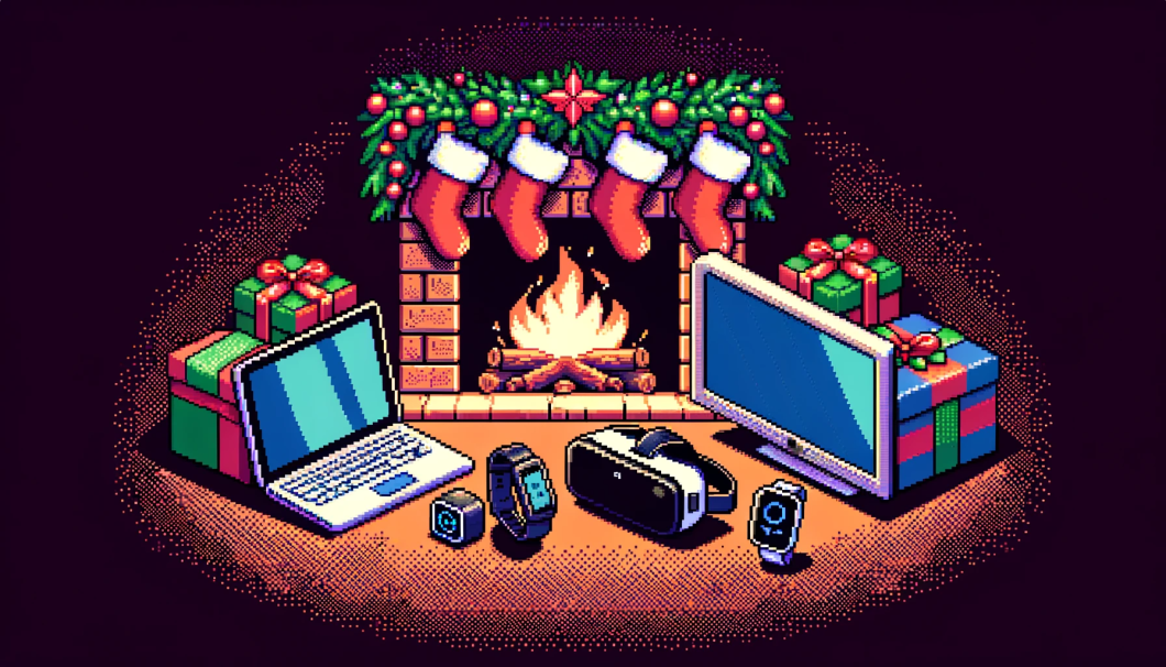 Ilustração com chaminé, elementos natalinos e vários produtos eletrônicos