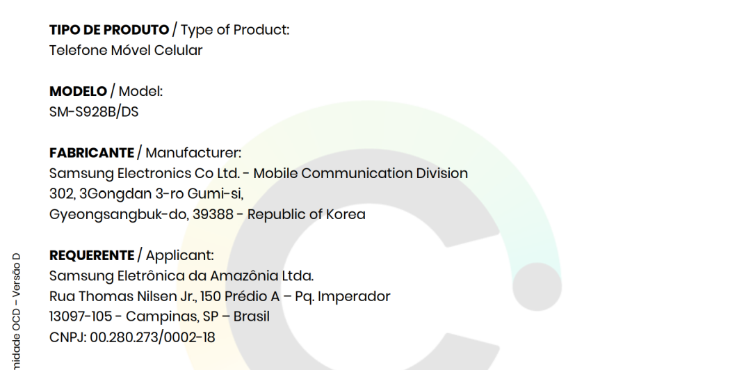 Certificado de Conformidade do Samsung Galaxy S24 Ultra