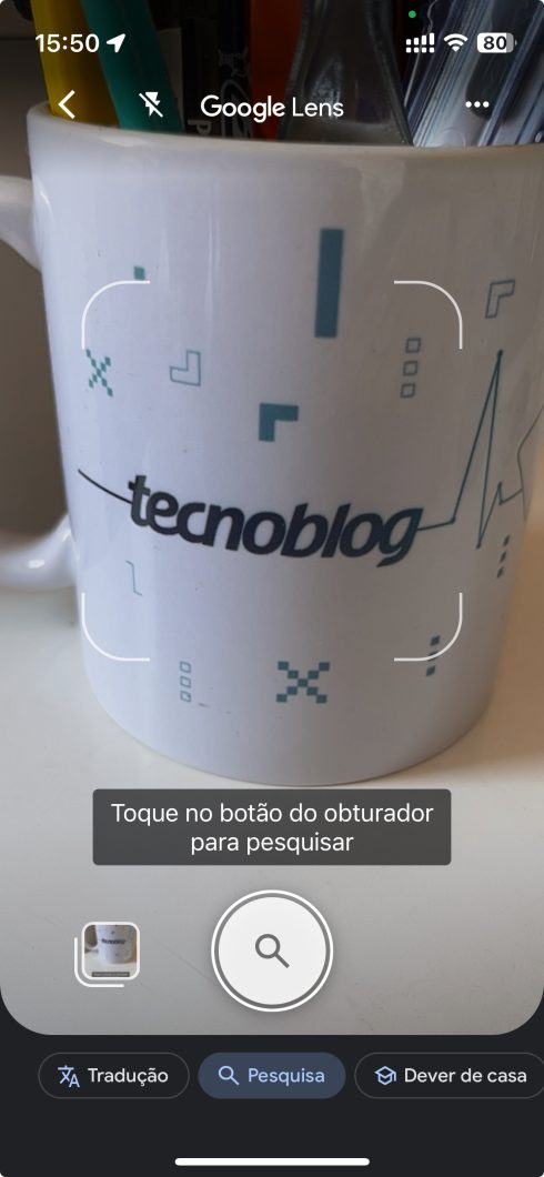 Captura de tela do Google Lens, com os filtros Texto, Pesquisa e Dever de casa