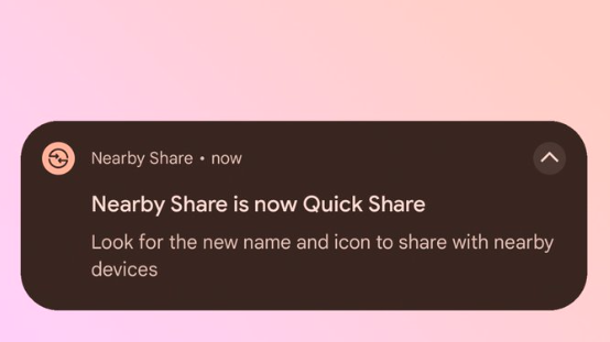 Usuária divulgou que recebeu notificação do Nearby Share comunicando novo nome na versão beta (Imagem: Reprodução/X/Twitter)