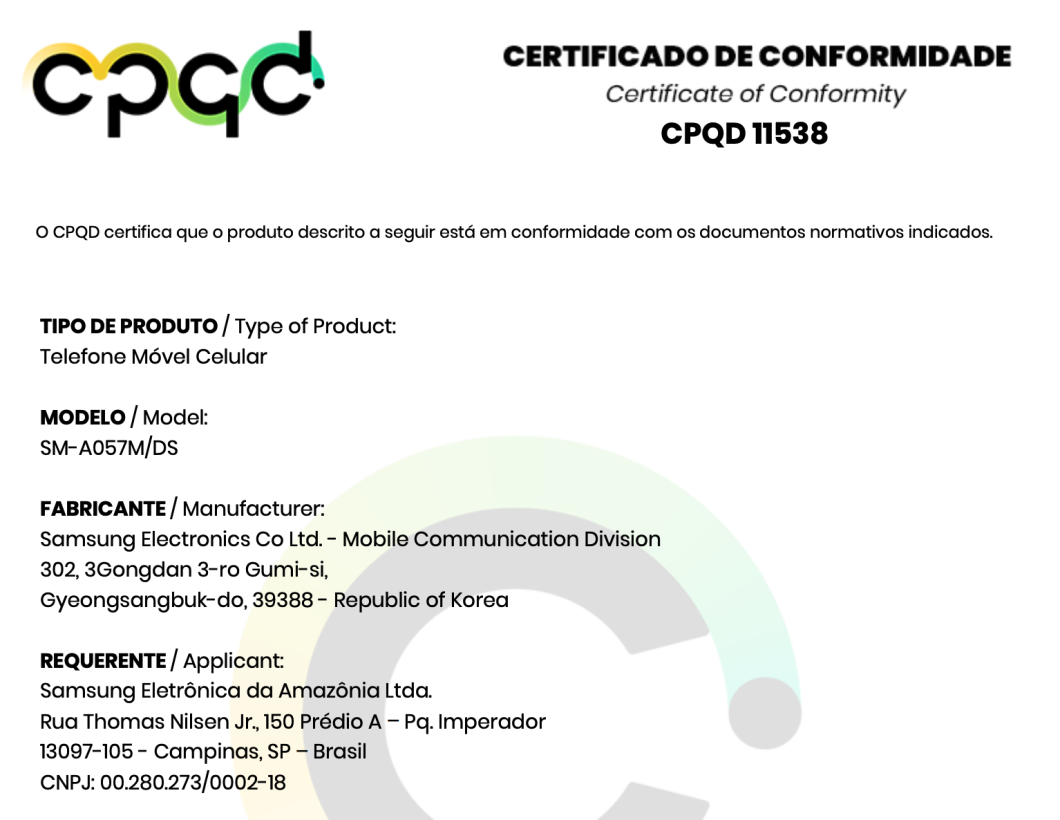 Certificado de conformidade do Galaxy A05s