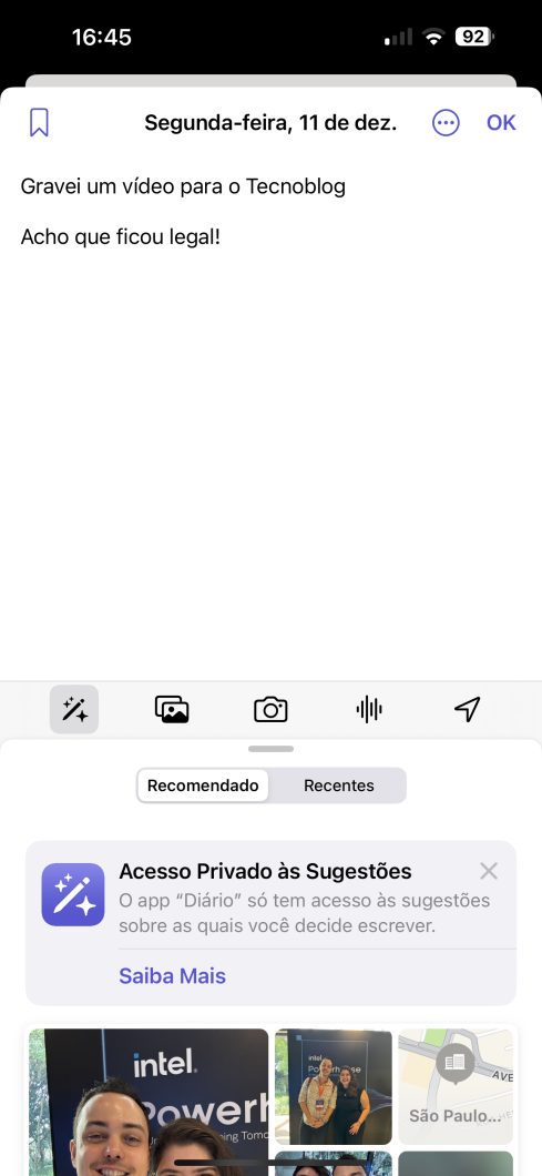 Exemplo de entrada no Diário do iOS 17.2