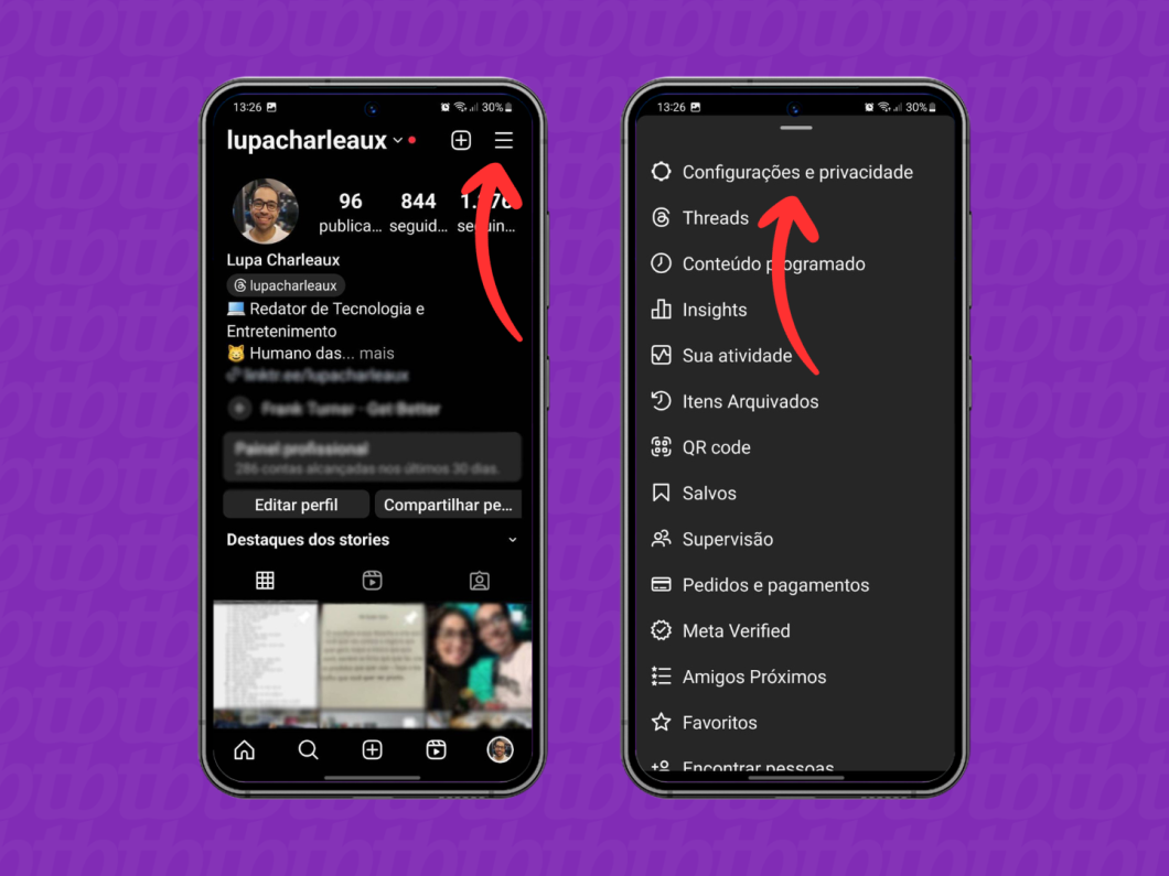 Captura de tela do aplicativo do Instagram mostra como acessar o Menu da rede social e a área de configuração e privacidade