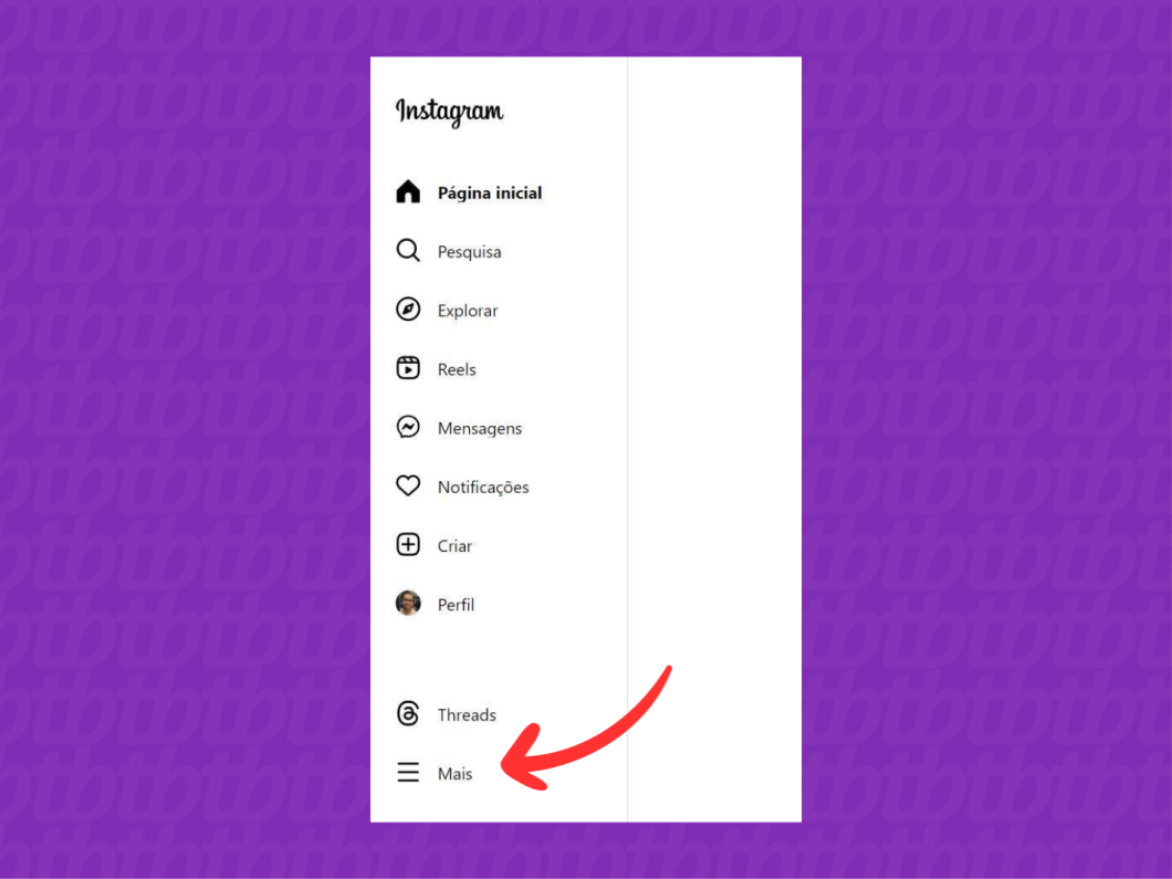 Captura de tela de um navegador indica   com uma seta vermelha onde clicar para abrir o Menu Mais do Instagram.