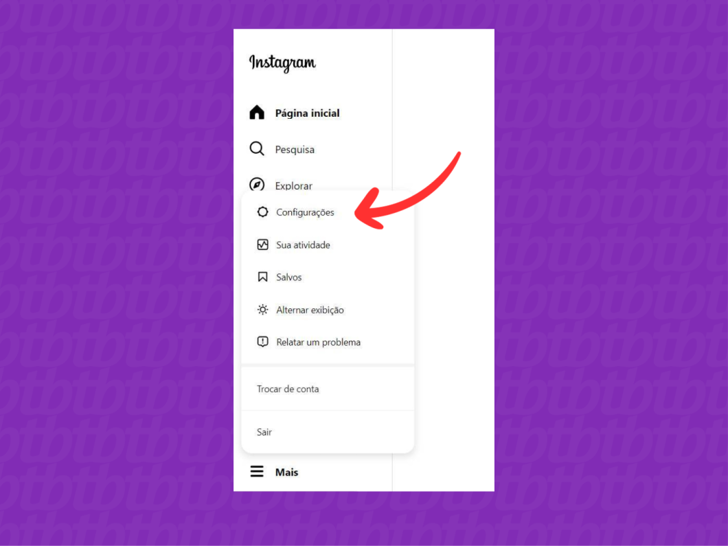 Captura de tela de um navegador indica   com uma seta vermelha onde clicar para abrir o menu Configuração do Instagram.
