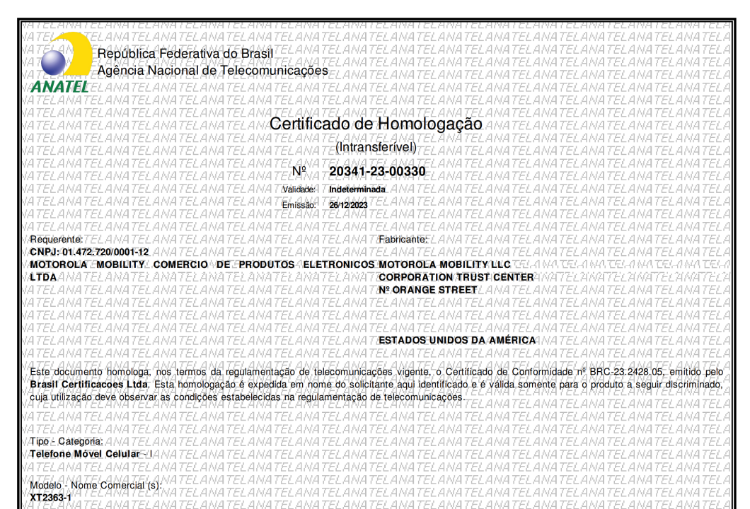 Certificado de homologação da Anatel para o Moto G34 5G