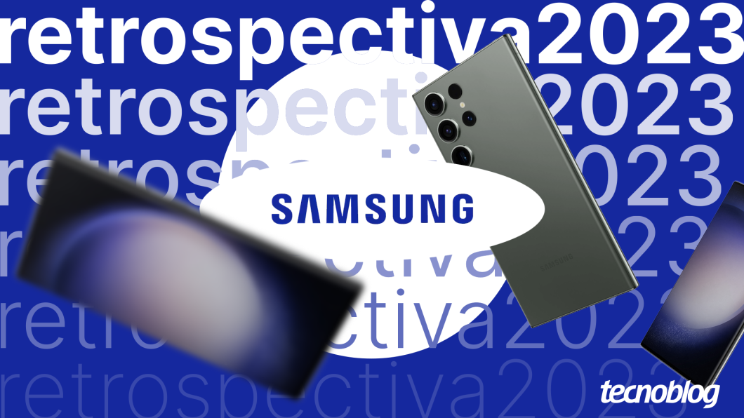 Capa retrospectiva 2023 da Samsung com imagens do celular Galaxy S23 Ultra