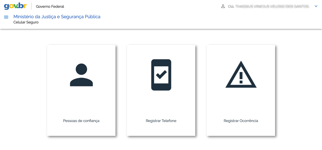 Print do site do Celular Seguro; nele há os botões de "pessoas de confiança", "registrar telefone" e "registrar ocorrência"