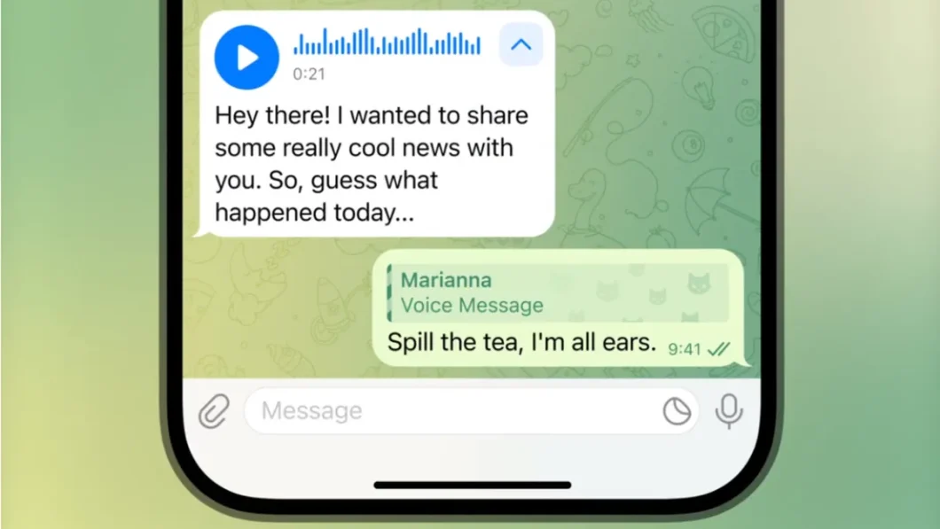 Tela de transcrição de áudio do Telegram