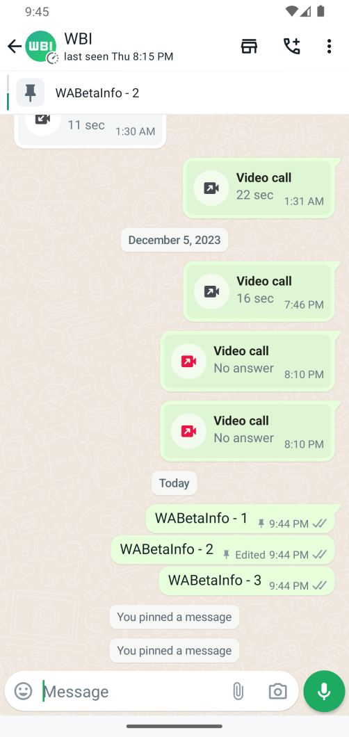 Tela do WhatsApp Beta com mensagem fixada no topo