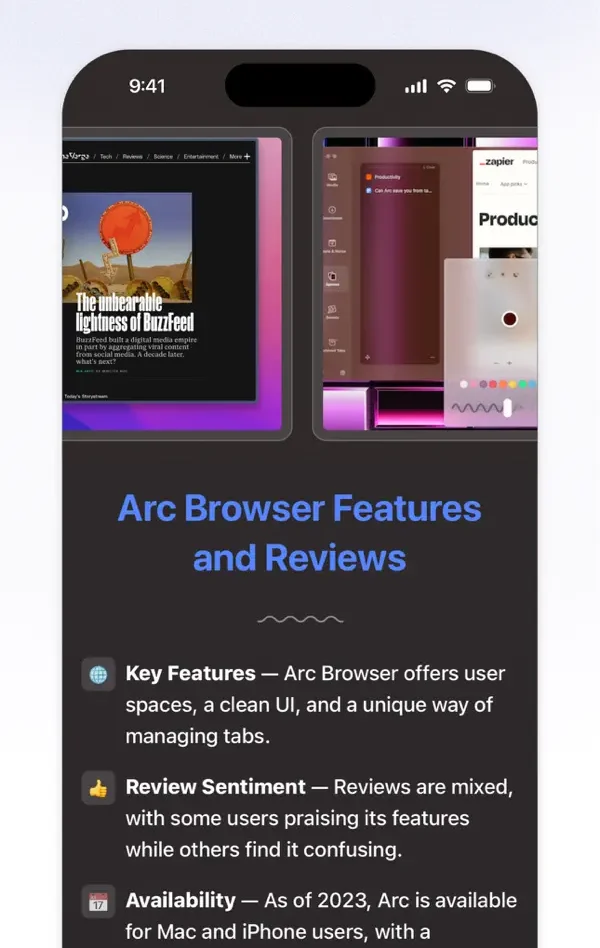 Página sobre o navegador Arc criada no Arc Search