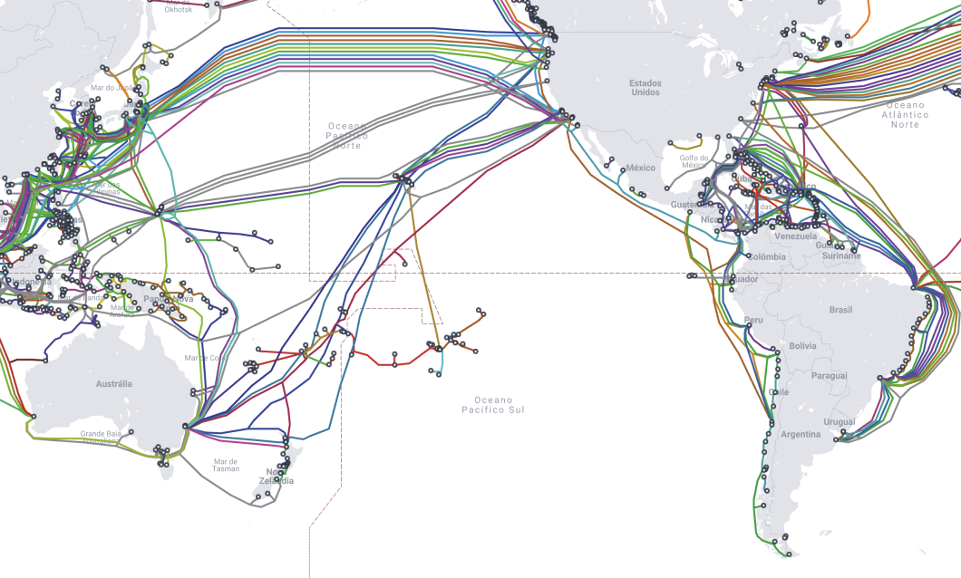 Mapa mostrando cabos que ligam Ásia, Austrália e Américas