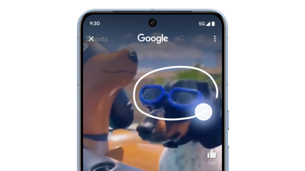 Tela de smartphone com imagem de um cachorro de óculos de natação. Há um círculo nos óculos