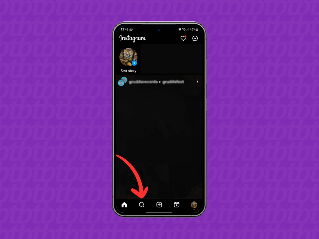 Print do aplicativo Instagram mostra como acessar a guia pesquisar na tela principal