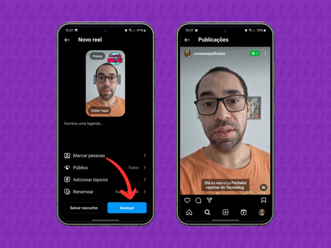 Capturas de tela do aplicativo Instagram mostram como publicar um reel com a legenda automática do Instagram
