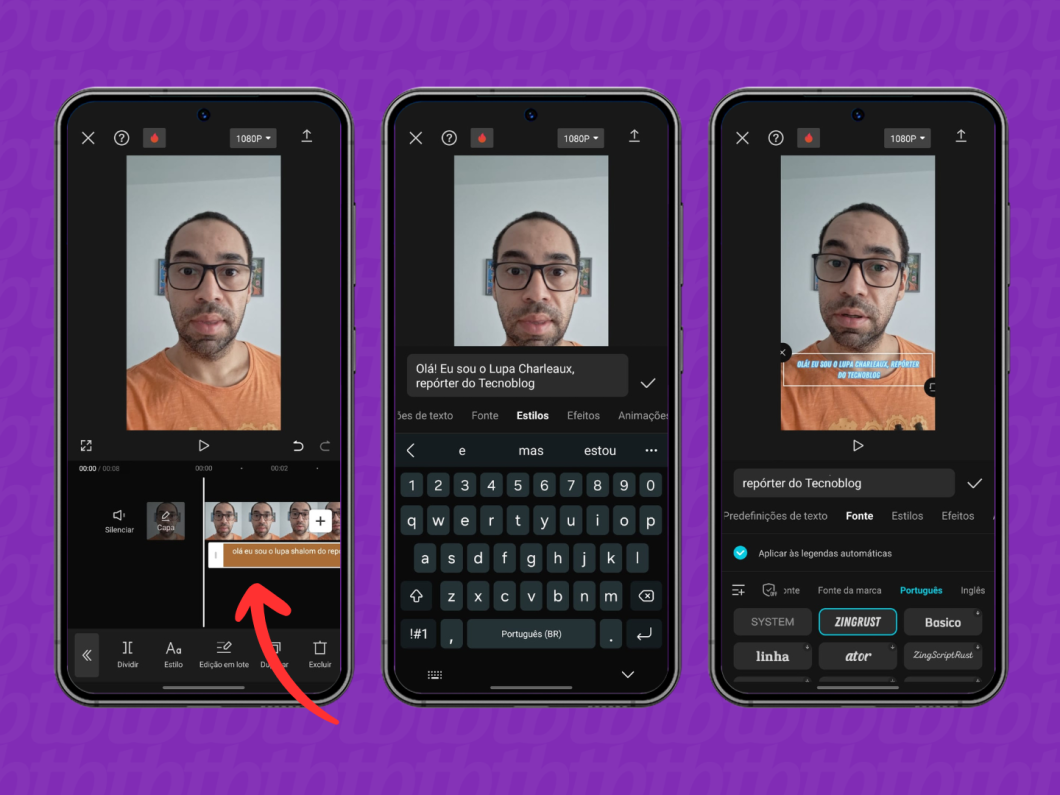 Capturas de imagem do aplicativo CapCut mostram como editar as legendas automáticas e alterar a fonte
