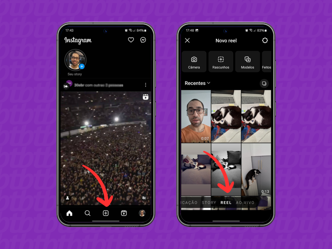 Capturas de tela do aplicativo Instagram mostram como criar um Reel com legenda manual