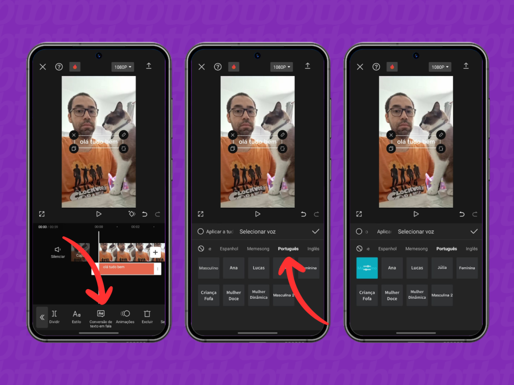 Capturas de tela do aplicativo CapCut mostram como usar a função Conversão de texto em fala em um vídeo em Novo Projeto