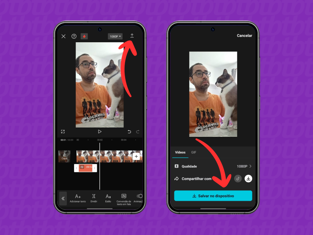 Capturas de tela do aplicativo CapCut mostram como exportar um vídeo em Novo Projeto