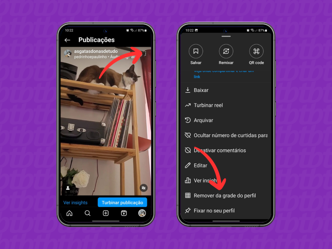 Prints do aplicativo do Instagram mostram como remover um reel da grade do perfil