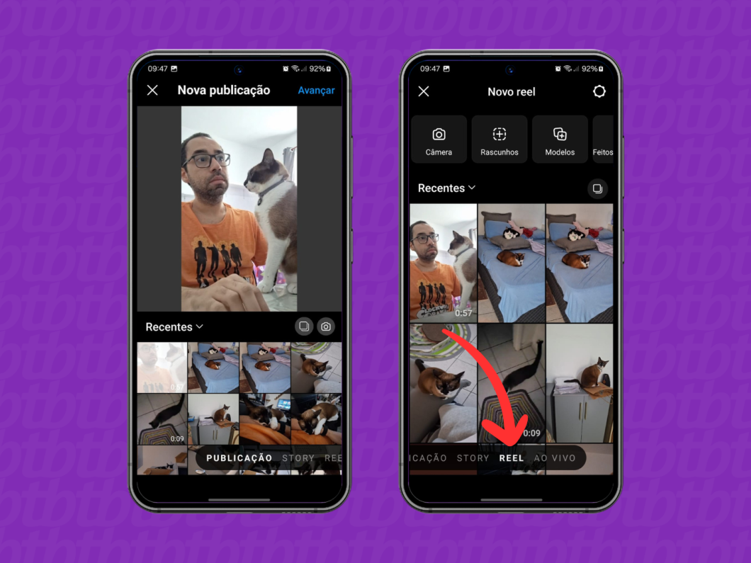 Capturas de tela do aplicativo Instagram mostram como acessar a opção Novo Reel