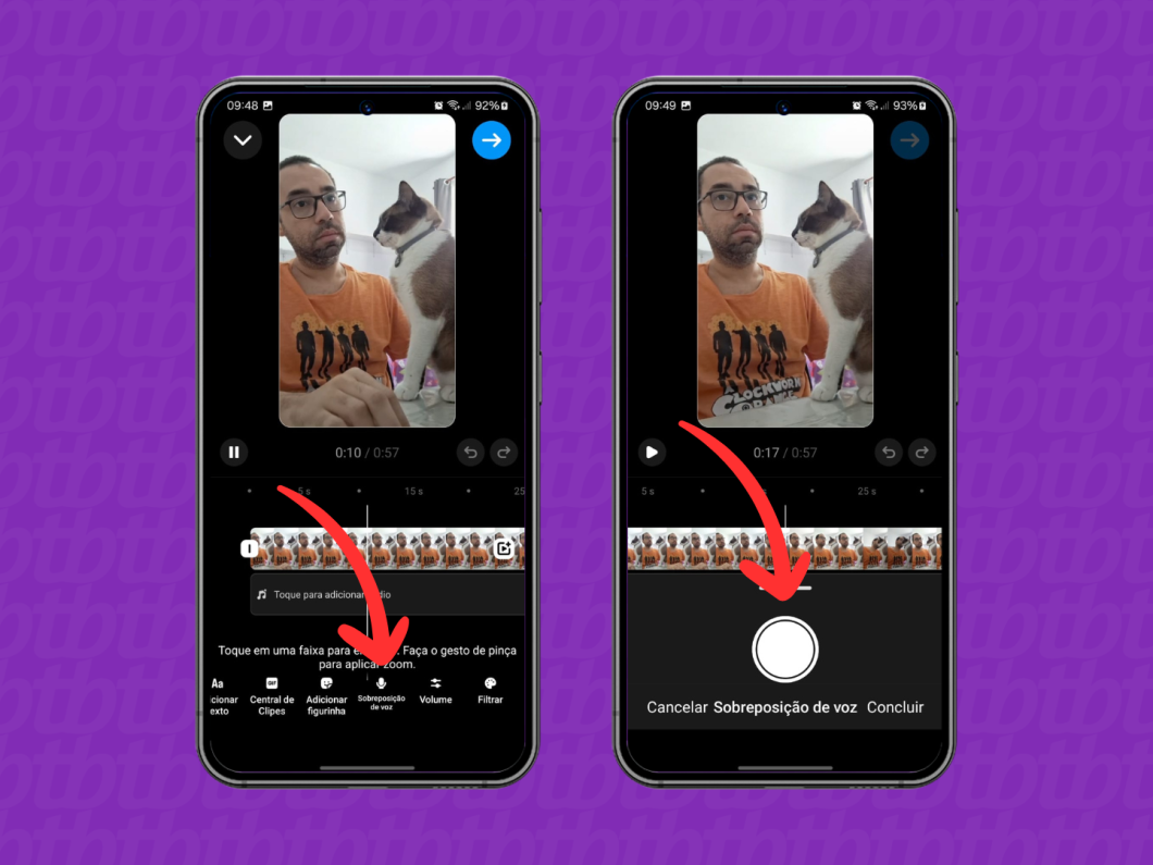 Capturas de tela do aplicativo Instagram mostram como usar a Sobreposição de voz no Reels