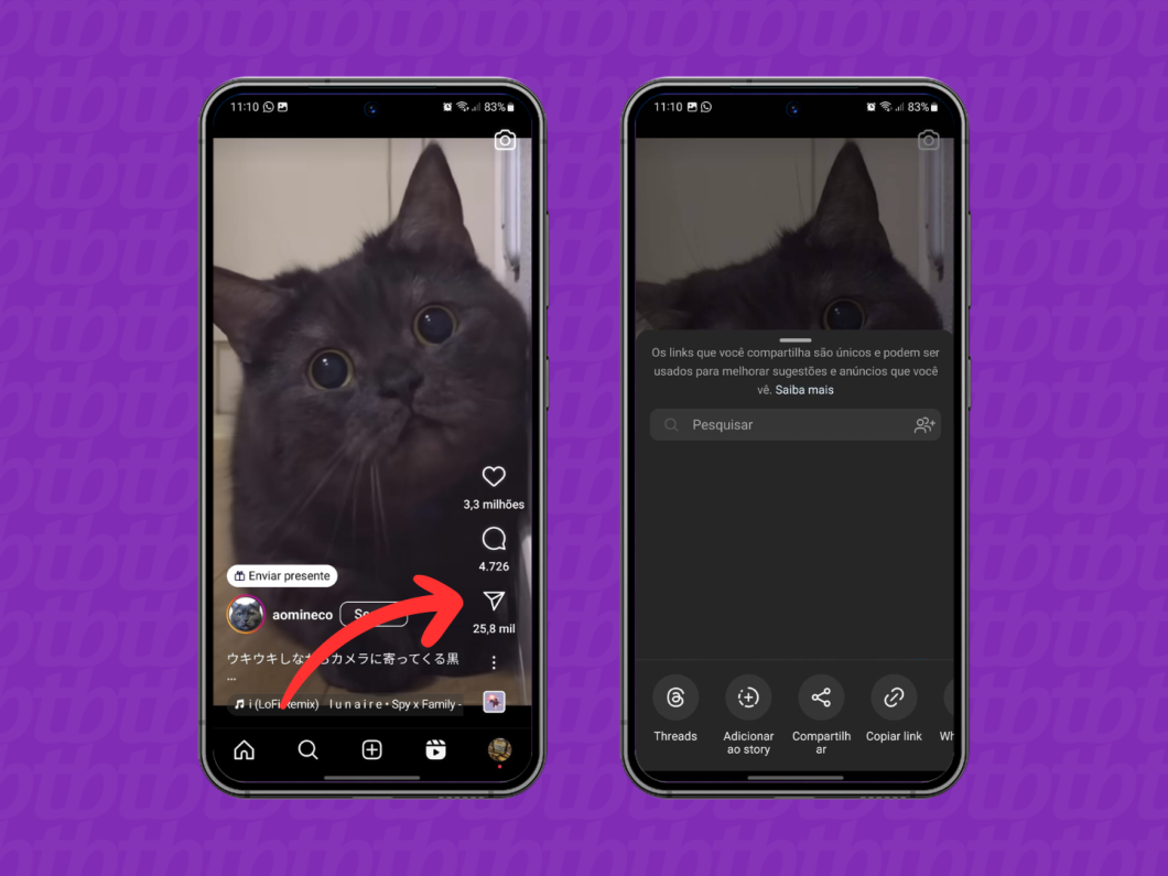 Print do aplicativo do Instagram mostra como abrir o menu de compartilhamento do Reels