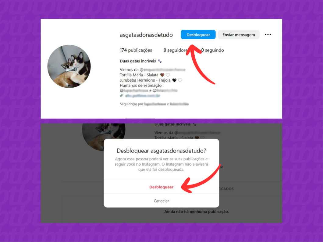 Print de um navegador indicando com setas como desbloquear uma pessoa no Instagram