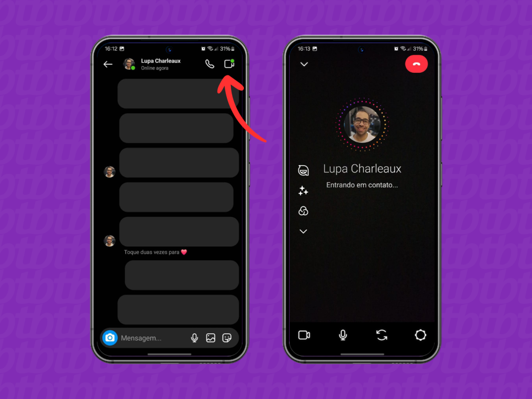 Capturas de tela do aplicativo Instagram mostram como iniciar uma chamada de vídeo